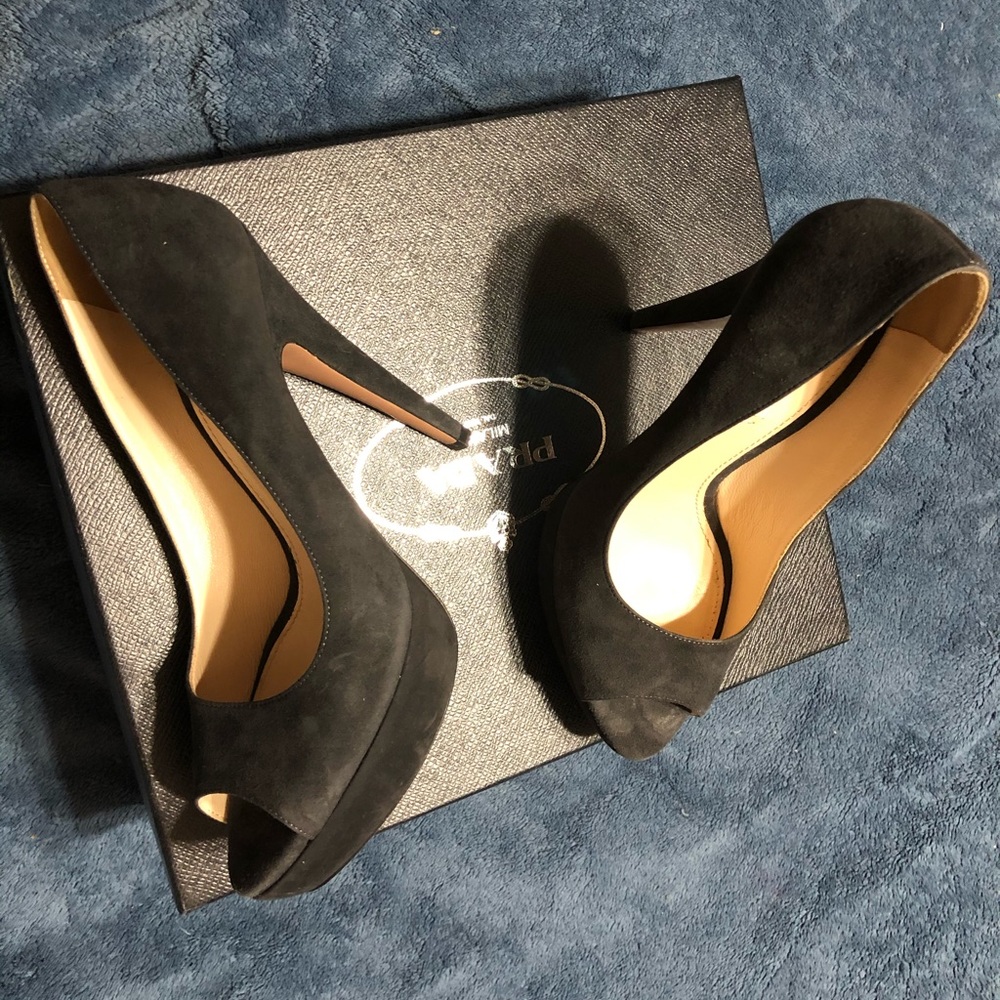Prada peep toe stiletto heels, gray, sz 36.5